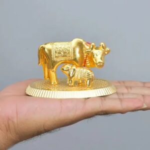 Divya Sur Metal Gold Finished Kamdhenu Cow with Calf Figurine Idol for Home Decorative Office Gifting Pooja Religious Items Showpiece Statue