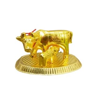 Divya Sur Metal Gold Finished Kamdhenu Cow with Calf Figurine Idol for Home Decorative Office Gifting Pooja Religious Items Showpiece Statue