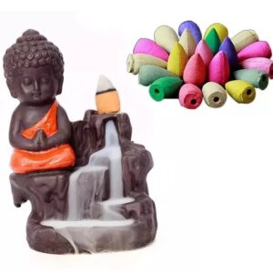 Divya Sur Resin Buddha Backflow Smoke Fountain With 10 Pcs Cone Incense, Standard