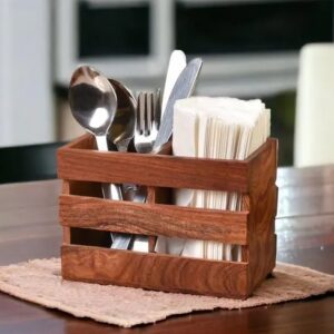 Divya Sur 2 Compartment Wooden Cutlery Spoon Holder Multipurpose Kitchen Rack Organizer, 6 Inches-Brown