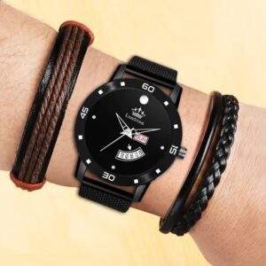 Divya Sur LIMESTONE WARLOCK BLACK MEN’S WATCH BRACELET STACK ( Day and Date Watch + 2 Bracelets Combo Pack) – Best Gift Item