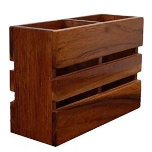 Divya Sur 2 Compartment Wooden Cutlery Spoon Holder Multipurpose Kitchen Rack Organizer, 6 Inches-Brown