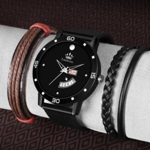 Divya Sur LIMESTONE WARLOCK BLACK MEN’S WATCH BRACELET STACK ( Day and Date Watch + 2 Bracelets Combo Pack) – Best Gift Item