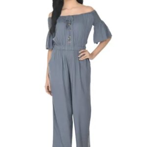 Divya Sur Women’s off shoulder Neck short Sleeve Solid Wide Leg Sequin Paneled Regular Length Jumpsuit Grey Solid Basic Jumpsuit