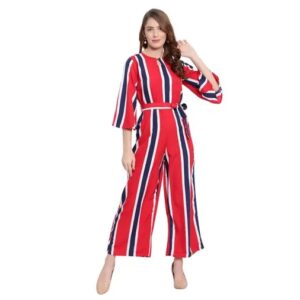 Divya Sur Women’s Fashionable Striped Design 3/4 Sleeves Flared Bottom Jumpsuit For Casual Wear
