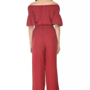 Divya Sur Women’s off shoulder Neck short Sleeve Solid Wide Leg Sequin Paneled Regular Length Jumpsuit Red Solid Basic Jumpsuit