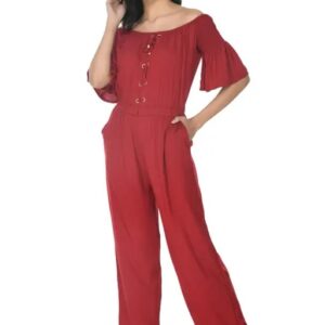 Divya Sur Women’s off shoulder Neck short Sleeve Solid Wide Leg Sequin Paneled Regular Length Jumpsuit Red Solid Basic Jumpsuit